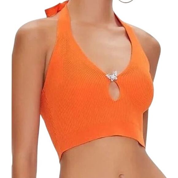 Forever 21 Butterfly Charm Ribbed Crop Top Halter Keyhole Open Back Orange L - Picture 1 of 6